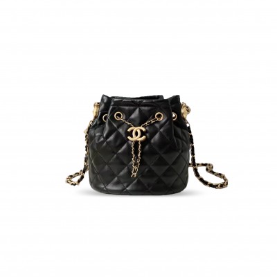 CHANEL CLASSIC DOUBLE C DIAMOND PATTERN BLACK LAMBSKIN BUCKET BAG AS2057 (23*20*12cm)